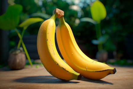 Two ripe yellow bananas. Generative AI. A pair of bananas close-up on the background of the plantation. Concept of healthy food, natural products, balanced diet.の素材