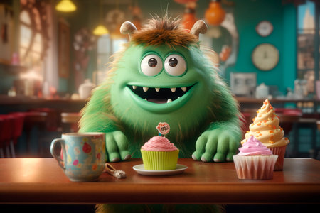 Lovely Character and sweet dinner. Generative AI. Cute visitor is sitting in eatery. illustration for puzzle, children's menu, coffee shop, notebook, cover. Green fluffy monster anの素材