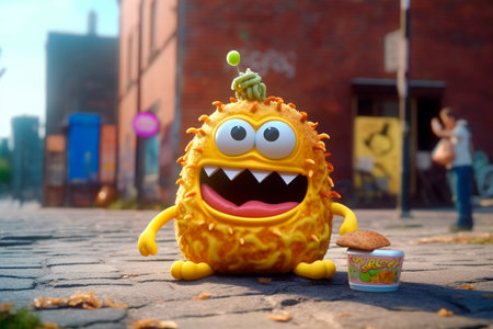 Hilarious yellow monster with snack. Generative AI. food to go concept. Cute character for poster, menu, street food cafe, comic.の素材