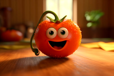 Red fresh tomato on wooden table. Generative AI. Cute cartoon vegetable with eyes. National Tomato Day. Healthy food for children. Hilarious Image for advertising, signboard, kidsの素材