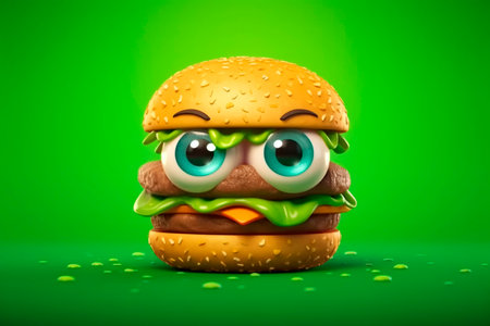 Funny double patty hamburger. Fast Casual Burgers concept. image for signboard, fast food, kid-friendly foodの素材