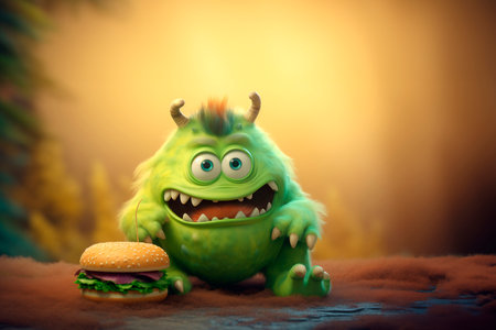Charming green monster with burger on autumn background. Generative AI. Burger day. autumn menu. Cute fluffy character for kid friendly food, children's menu, burger restaurantsの素材