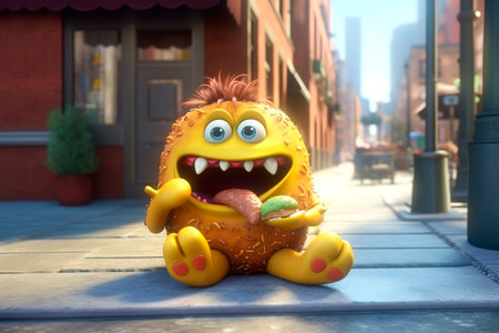 Amusing yellow little monster eating food on the street. Generative AI. Burger day. snacking or eating on the go. Cute character for notebook, puzzle, burger joints, placard. Streetの素材