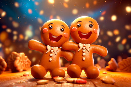 Cheerful Gingerbread Guys. Generative AI. Couple of Gingerbread People. Template for website, blog, advertising, event. Christmas Party Ideas and Themesの素材