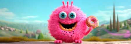 Banner with cute and furry round creature holding a donut. Generative AI. Hilarious character for children. National Donut Day. Welcome. header for website, blog, preschool, toyの素材