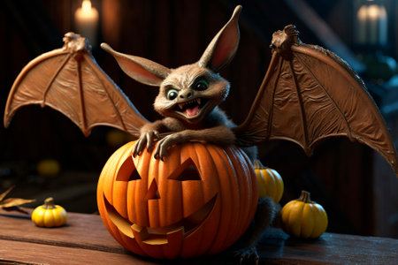 Sinister Vampire bat and smiling Jack O' Lantern in old creepy house. Trick or treat. Image for website, party, masquerade, advert. Halloween Cardの素材