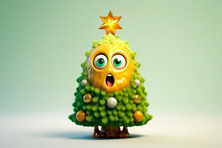 Surprised Christmas tree. Generative AI.Funny cartoon Holiday tree with muzzle on light background. New Year greeting card. Character for Christmas market, gift shop, landing pageの素材