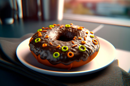 Chocolate donut on a plate. Gourmet Donuts with chocolate glaze and multi-colored sprinkles on wooden table. Donut Day or Fat Thursday.の素材
