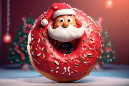 Donut with Santa Claus. Sweet Christmas gift for children and adults. Holiday image for advent calendar, greeting card, advertising, bakery, market.の素材