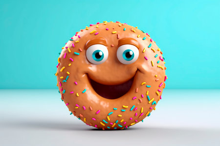 Cute Classic donut with eyes. Delightful donut is smiling on light background. National Donut Day, Fat Thursday. Funny character for children's menu, bakery, cafe, coffee shop.の素材