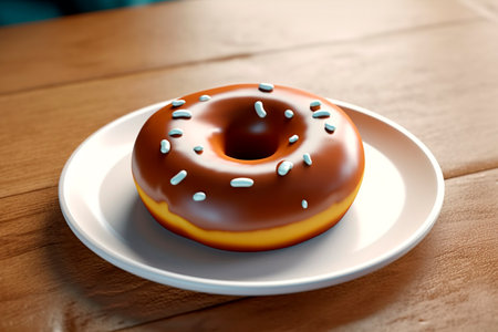 Good morning. Chocolate donut is placed on a plate on a wooden table. Classic Donut with sprinkles. Donut Day or Fat Thursday. Sweet breakfast.の素材
