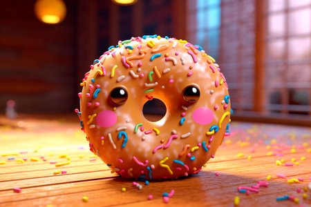 Cute Glazed donut with eyes. Delightful donut is smiling. National Donut Day or Fat Thursday. Funny character for children's menu, bakery, cafe, coffee shop, sweet-shop.の素材