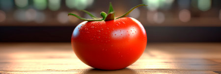Banner with Ripe red tomato on a wooden table close-up. Juicy fresh vegetable. Header for website, blog.の素材
