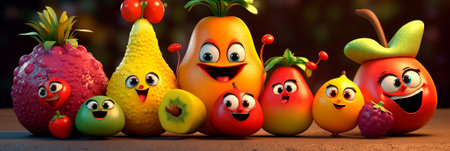 Banner with fruits. Fun fruity salad. Cute cartoon fruits with smiling faces. Header for website, blog, children's menu, store sign.の素材