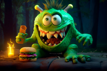 Funny creature eats a burger. Funny green monster eating a hamburger. Diet violations, night gluttony. Image for children's book, pizzeria, notebook.の素材