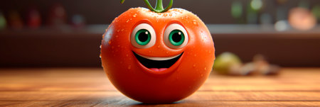 Banner with tomato. Cheerful ripe cartoon tomato with a smiling face on a wooden table. Header for website, blog, children vegetarian menu.の素材