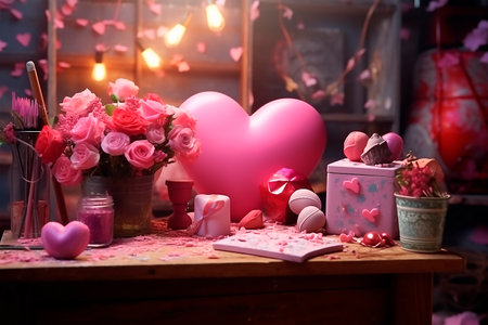Romantic atmosphere in room. Valentines Day style Interior. Preparation and celebration of holiday of love. Table with gift boxes, pink hearts, cup of coffee, valentine confettiの素材