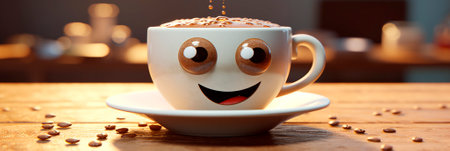 Banner with cup of coffee. Cute mug with a hot drink. Cheerful good morning. Have a good day. Funny header for advertising, article, menu, website, coffee shop, cover.の素材