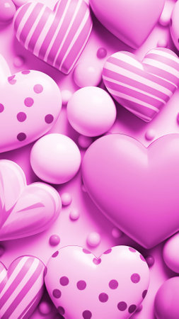 Pink decorative hearts. Background. Pattern with 3D heart shape. Vertical banner for valentine day, mother's day, wedding, birthday, holiday, Greeting Card, Poster.の素材