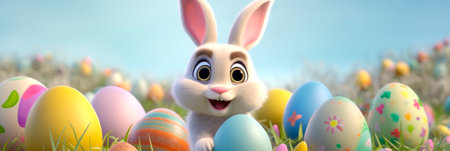 Banner with Easter bunny and eggs. Adorable Bunny With Easter Eggs In Flowery Meadow. Header for website, design, advertising, article.の素材