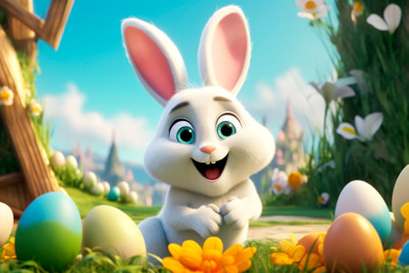 Easter. Cute bunny and easter egg on spring background. Concept and idea of happy easter day. Template for puzzle, cover, advertising.の素材