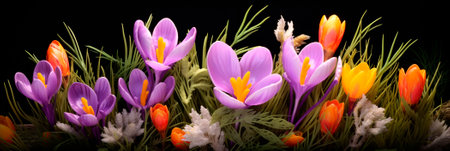 Spring flowers. Banner. Spring bouquet of blue crocuses and red tulips. Springtime. Background for Designの素材