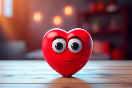 Cartoon heart with big eyes and smile on wooden table with a festive background. Concept of love, valentine's day, date, wedding. Romantic character for an online store, blogの素材