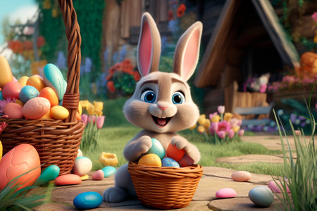 Happy easter. Cute fluffy bunny and Easter basket with eggs on spring background. Template for puzzle, cover, greeting card.の素材