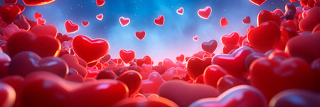 Romantic banner. Many red hearts on a starry sky background. Valentine's Day party decoration.の素材