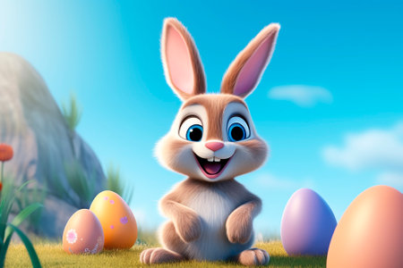 Cute Easter bunny. Easter Scene Cute fluffy rabbit and eggs on spring background. Amusing illustration for advertising, holiday, event.の素材