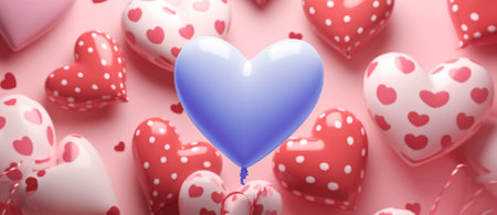 Banner with Heart-shaped balloons. Blue heart on a background of red balloons. Congratulations on newborn baby boy.の素材