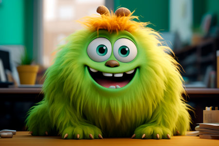 Friendly Administrative Assistant. Smiling green furry monster Office worker person sitting at desk. Cute greeting card for Manager's Day, Economist's Day.の素材