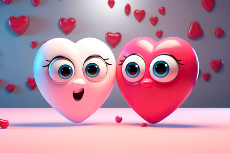 Romantic couple. Cute hearts with loving faces in a cafe. Date at restaurant. Greeting card for Valentine's Day, wedding, holiday, birthday, Women's Day, Mother's Day.の素材