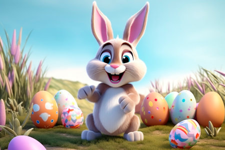 Easter bunny and eggs. Adorable rabbit toy and colorful painted easter eggs on a spring field.の素材