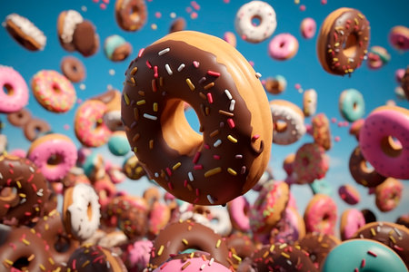 Chocolate donut. Sweet diet. Donut splash background. National Donut Day or Fat Thursday. Template for menu, coffee house, cover, showcase, notebook, article.の素材