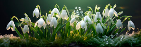 Banner with blooming snowdrops. Spring bouquet of white flowers. Hello spring concept.の素材