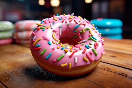 Sweetest donut in the world. Appetizing donut with fruity pink glaze and colorful sprinkles on on a wooden table. National Donut Day or Fat Thursday.の素材