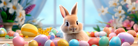 Banner with Easter bunny and eggs. Adorable Bunny With Easter Eggs on window with spring bouquets background. Header for website, design, advertising, article.の素材