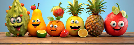 Banner with funny fruits. Cheerful fruits with smiling faces. Vitamins and healthy food for children. Cute horizontal header for blog, advertising, children's menu.の素材