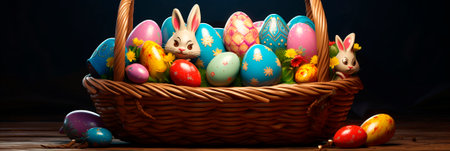 Banner with Easter basket with eggs.の素材