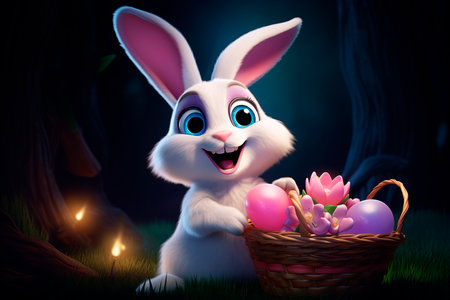 Easter. Cute bunny and Easter basket with eggs on dark background. Concept and idea of happy easter day. Template for puzzle, cover, advertising.の素材