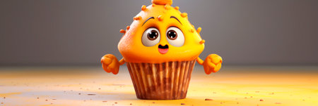 Banner with Cute muffin. Baby cupcake. Cartoon cake with eyes. Charming header for website, menu for children, groceryの素材
