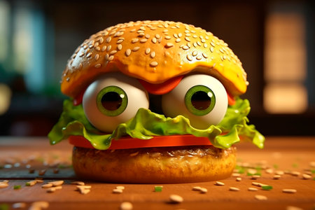 Crazy food. Burger day. Big funny hamburger with eyes as cute little monster. Cheerful illustration for pizzeria, cafe, fast food, menu, notebook, app, advert. Cartoon characters.の素材