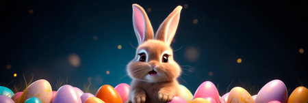 Easter Banner. Cute bunny and easter egg on dark background. Concept and idea of happy easter day. Header for website, blog, advertising.の素材