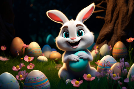 Easter bunny. Cute fluffy rabbit and easter egg on dark background. Concept of happy easter day. Hilarious Template for puzzle, cover, greeting card.の素材