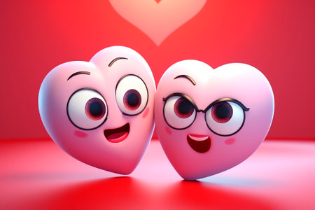 Cute couple in love. Romantic greeting card with charming hearts with smiling faces. Illustration for a puzzle, notebook cover, advertising.の素材