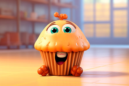 Cute muffin. Smiling cartoon cupcake. International Cake Day. Adorable illustration for children's menu, signboard, puzzle, notebook.の素材
