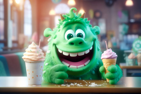 Adorable Character in confectionery candy store. Dessert time. positive visitor is sitting in cafe. illustration for puzzle, kids menu, sweet-shop, cover. Green fluffy monster and ice cream.の素材