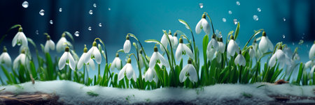 Snowdrops. Banner. Delicate spring flowers. Hello spring concept. Header for website, advertisement, sale.の素材
