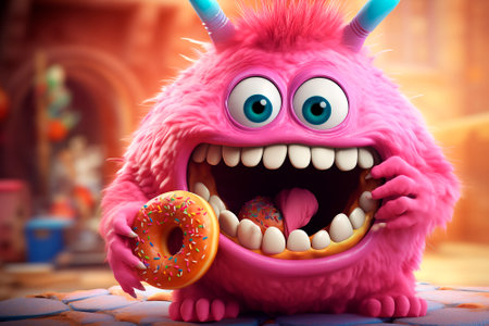 Funny overweight glutton with donut. Cute pink chubby character eating Jelly donut. National Donut Day or Fat Thursday. header for cover, menu, signboard, bakery, advertisingの素材